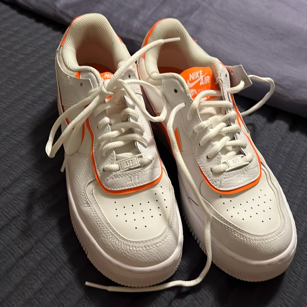Nike Air; Air Force 1 (Women's size 9)Sneakers in white and neon orange